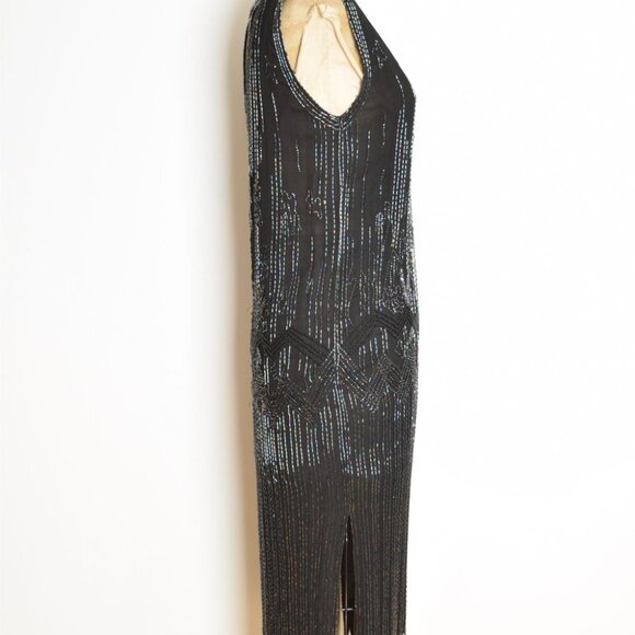 vintage 80s flapper dress black silk sequin beaded cutout cocktail party prom XS - Picture 6 of 10